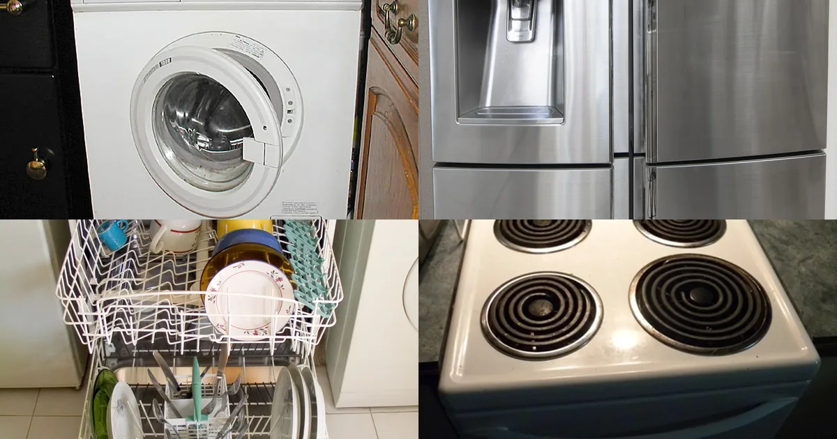 Composición de lavadora, frigorífico, lavavajillas y horno para guías de mantenimiento doméstico
